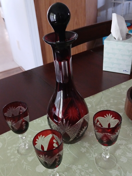 no brand Other - Vintage Ruby Red Cut Glass Decanter Set - Elegant Home Accent